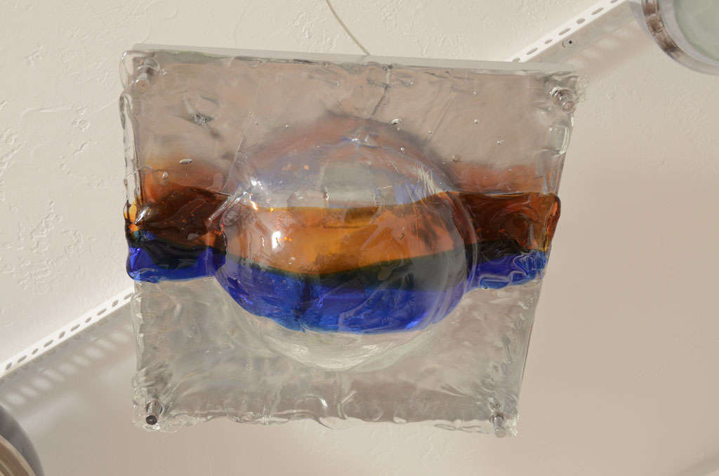 Mid-Century Modern Wavy Glass Fixture Featuring Blue and Orange Center Stripe by Vistosi For Sale