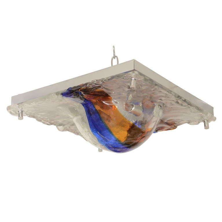 Wavy Glass Fixture Featuring Blue and Orange Center Stripe by Vistosi For Sale