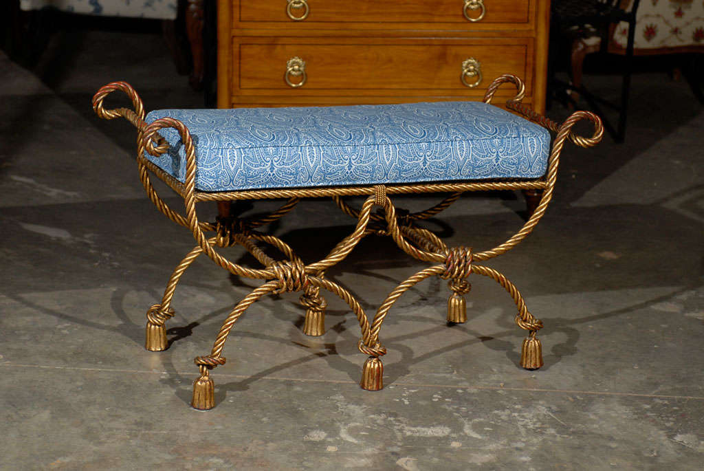 Mid Century Gilt Rope & Tassel Bench With Cushion
