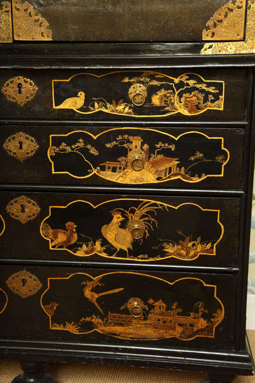 Gilt Antique William & Mary Period Japanned Cabinet on Chest, English, circa 1690
