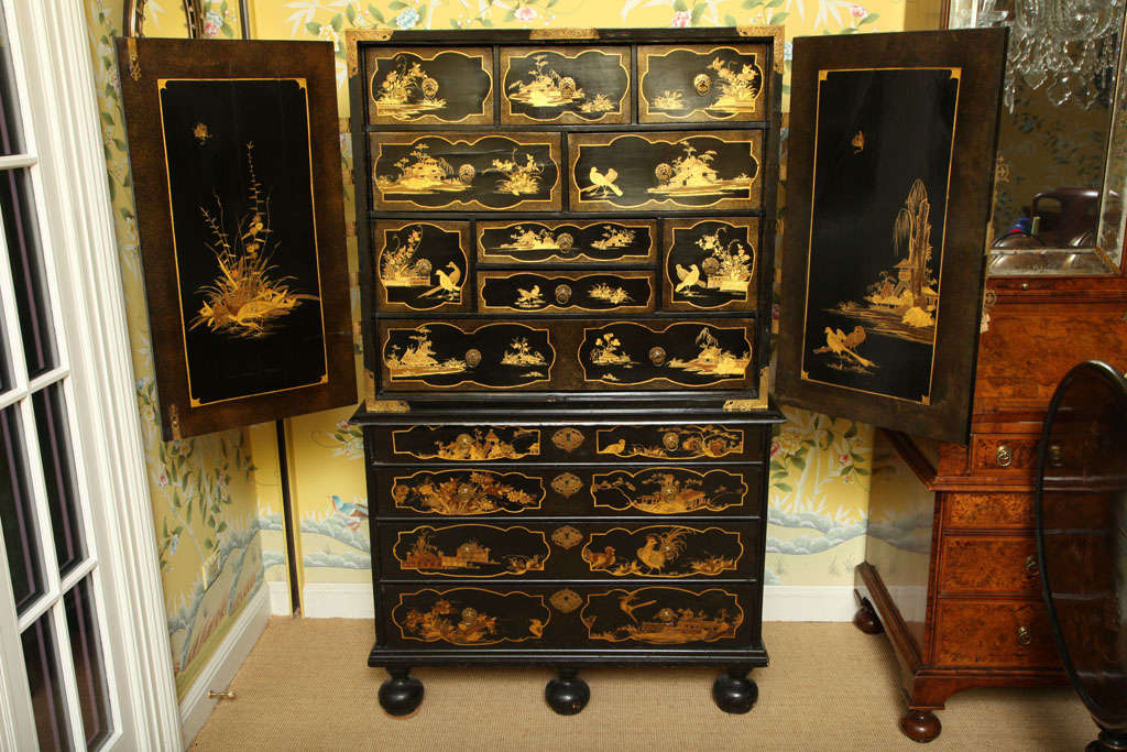 Antique William & Mary Period Japanned Cabinet on Chest, English, circa 1690 1