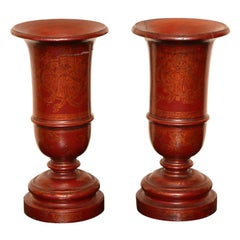 Antique pair of 19th century red lacquered urns, Indian