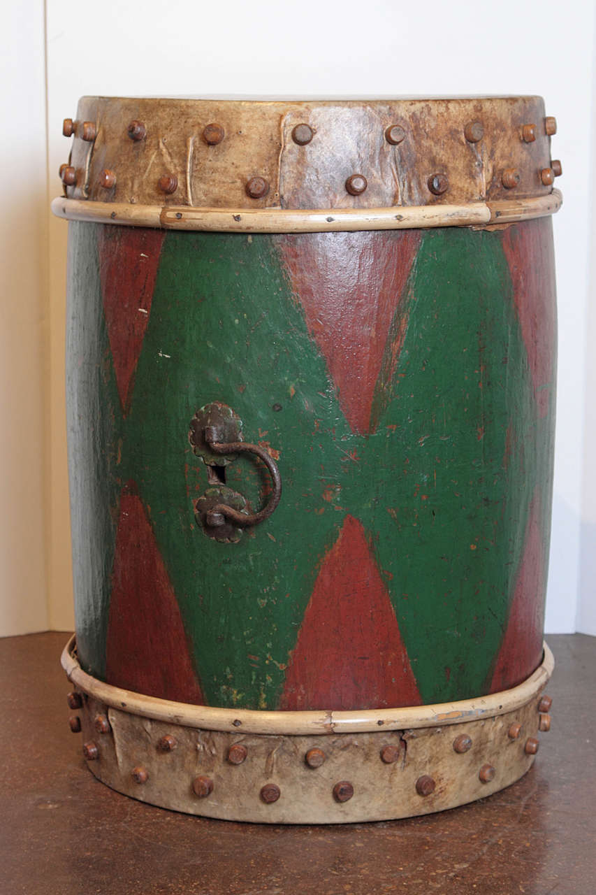 Tribal Drum
Antique Tribal Drum 
Leather Top & Wood 
Orignal Patina 
Circa 1920. South Asia.

Can be used as side table or for decor 