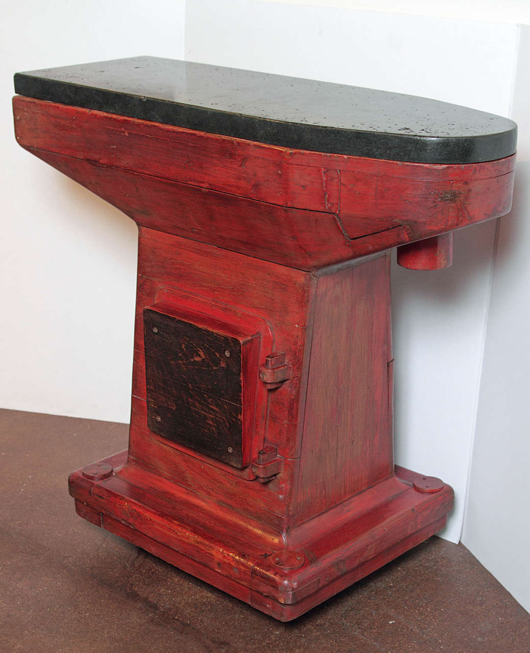 Vintage Industrial factory mould as console table
Unique console, repurposed from an industry factory mould used to make factory gears. Original red paint patina with custom 2” thick limestone top, found in Flanders, which is known as the