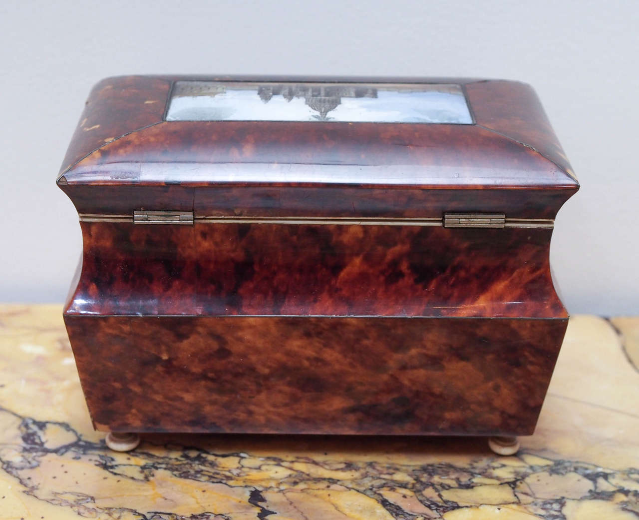English Victorian Tortoiseshell Tea Caddy with Eglomise Panel For Sale 2