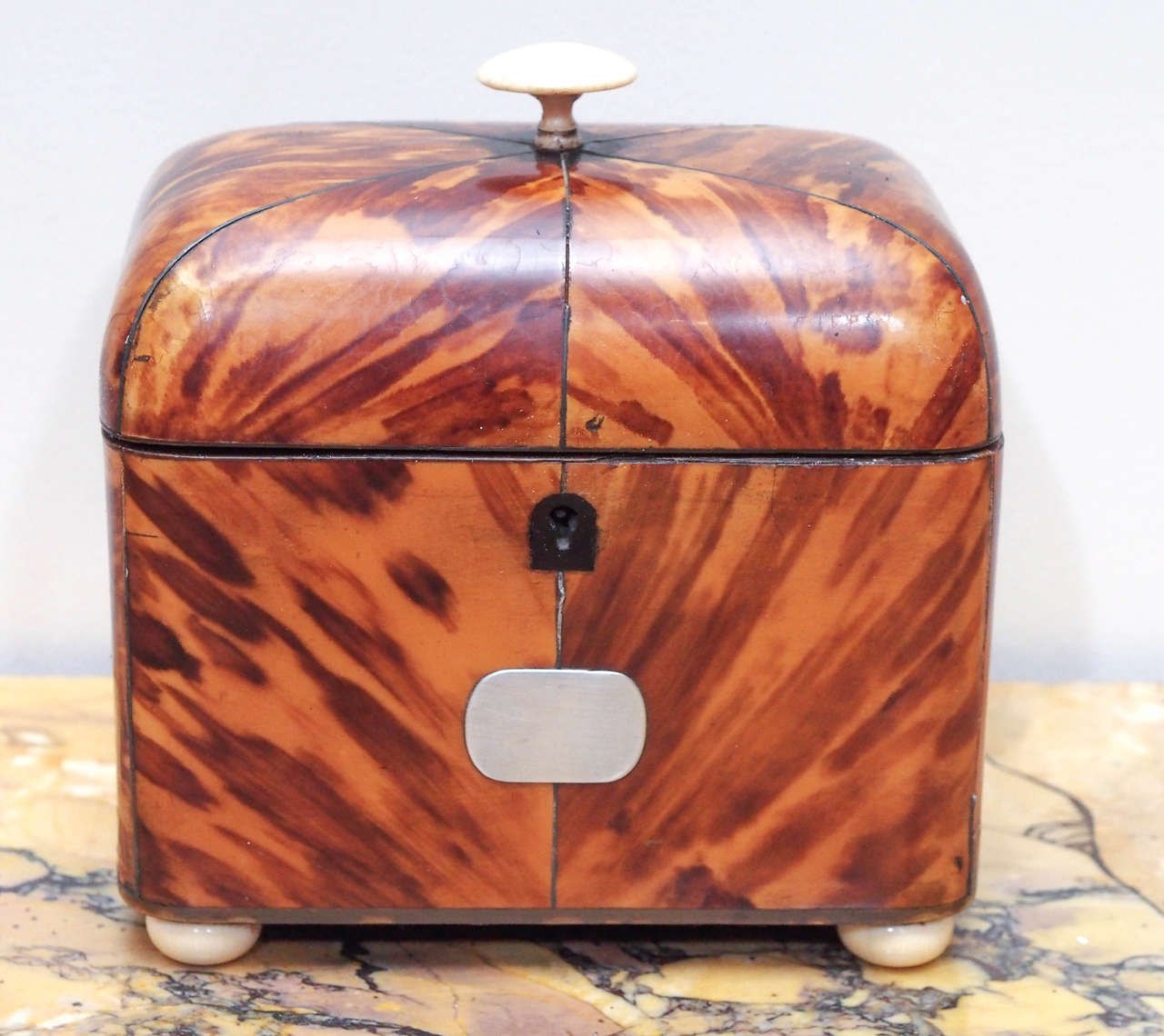 English George III Tortoiseshell Domed-Top Tea caddy with two compartments.