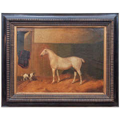 19th Century Portrait of White Horse and Dog in Stable