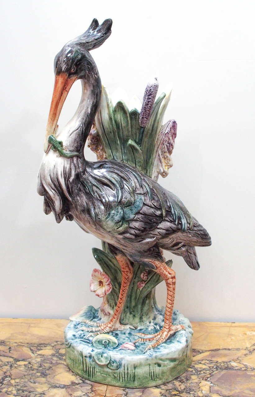 French Majolica Heron  with Cattail spill vase. 19th c.