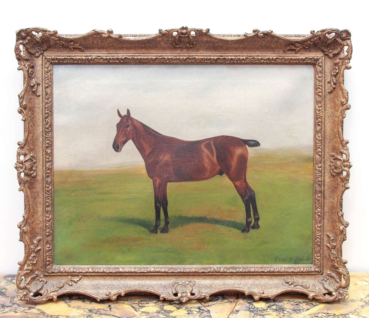 Portrait of a bobtail horse in pasture in gilt frame. 19th c.