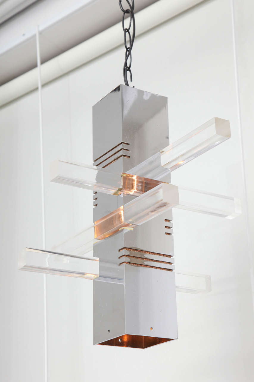 American 1970s Chrome and Lucite Pendant Light Fixture For Sale