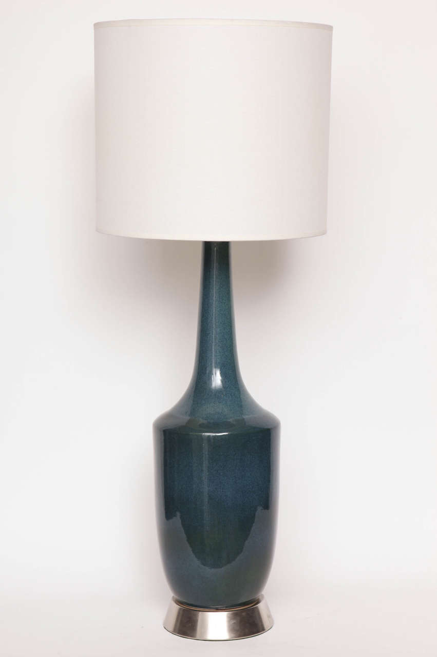 Pair of midcentury classic classical form blue speckled glazed ceramic lamps on satin nickel bases. Lamps have been rewired for use in the USA with new sockets.