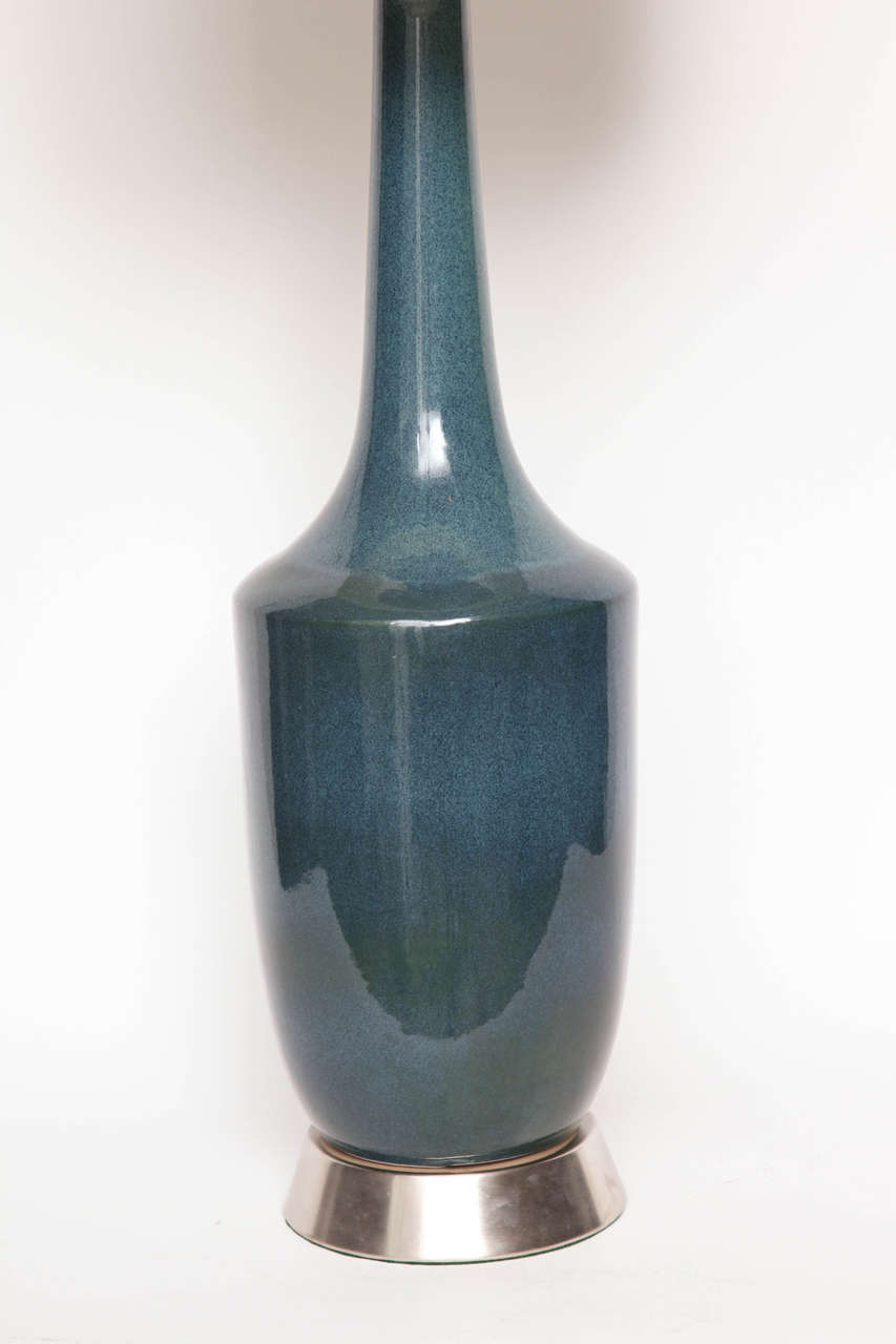 Mid-Century Modern Pair of Italian Speckled Blue Glazed Ceramic Lamps