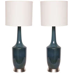 Pair of Italian Speckled Blue Glazed Ceramic Lamps