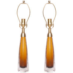 Pair of Kosta Boda Fluted Amber Glass Lamps