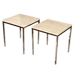 Pair of square travertine and chrome occasional tables