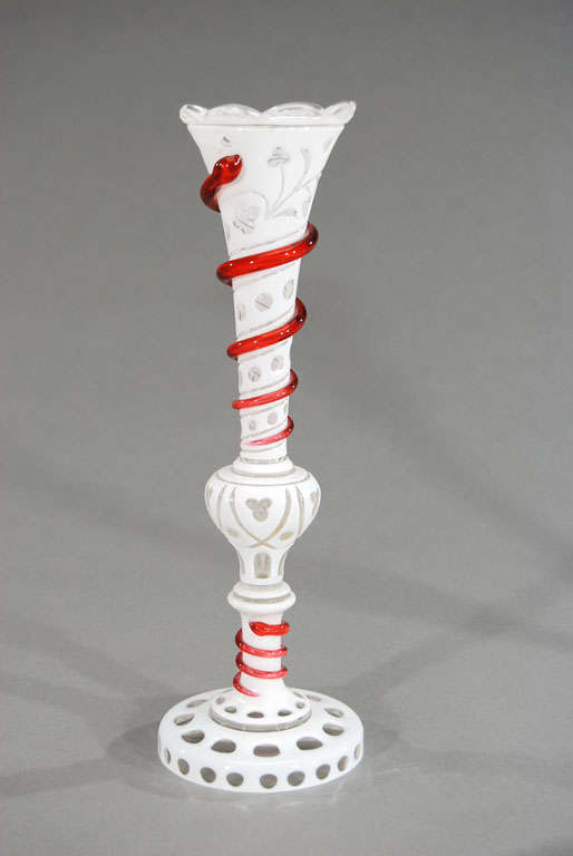 19th Century Pair of Hand Blown White Overlay Trumpet Vases With Snakes For Sale