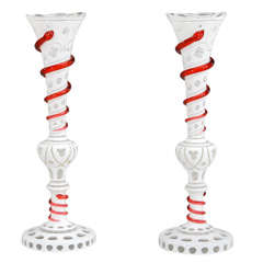 Pair of Hand Blown White Overlay Trumpet Vases With Snakes