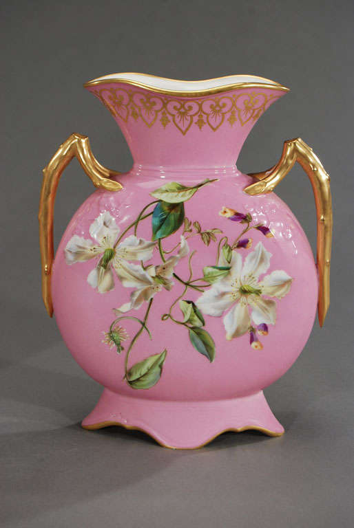 French Pair of T. Haviland Hand-Painted Pink Rose Mantle Vases Aesthetic Movement
