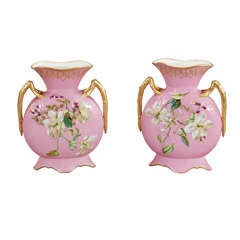 Pair of T. Haviland Hand-Painted Pink Rose Mantle Vases Aesthetic Movement