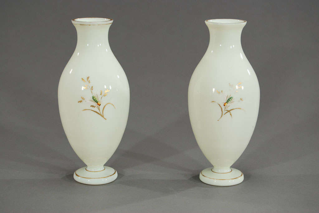19th Century Pair of Hand Painted Blown Crystal Opaline Vases