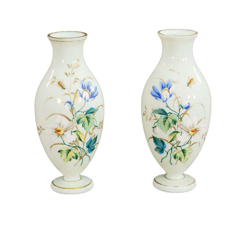 Pair of Hand Painted Blown Crystal Opaline Vases