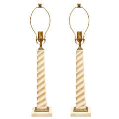 A Pair of Serpentine Alabaster Candlestick Lamps