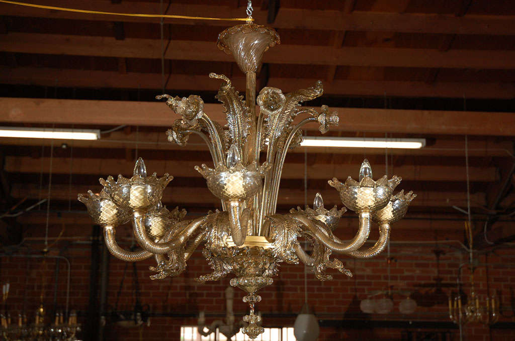 This wonderful Venetian chandelier, circa the 1920's, has a full complement of hand blown flowers and leaves. Recently re-wired, It is ready to be placed in your special setting. 
