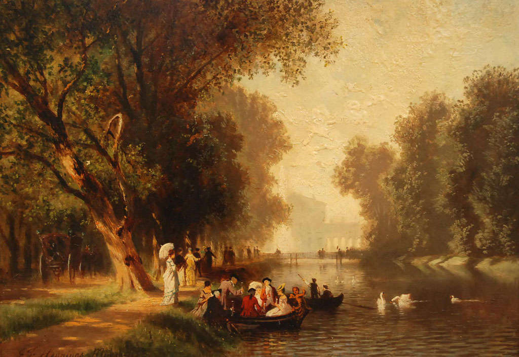 Wood Panel 19th Century German Landscape Painting of Boating Near Nymphenburg Castle