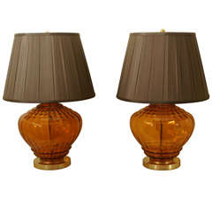 Vintage Pair Of  Amber Glass Lamps
