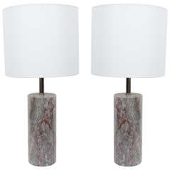Pair of Breche Violet Marble Cylinder Lamps by Nessen