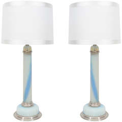 Pair of Seguso White and Blue Spiral Striped Lamps