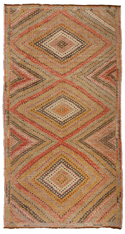 Jajim (also spelled Jijim, djidjim,cicim) refers to a two-sided flatweave comprising narrow warp-faced strips sewn together. They are two-sided as they were originally woven for bedcovers to protect from the extreme cold in the tribal tent. Fine <br