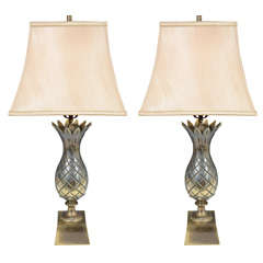 Pair of Mid Century Brass Pineapple Lamps with Custom Shades