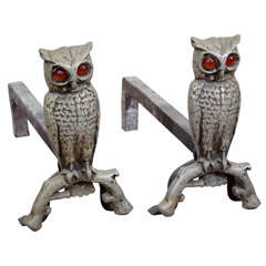 Vintage 1930's Cast Iron Owl Form Andirons with Amber Glass Eyes