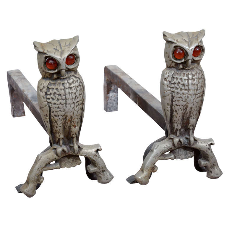 1930's Cast Iron Owl Form Andirons with Amber Glass Eyes