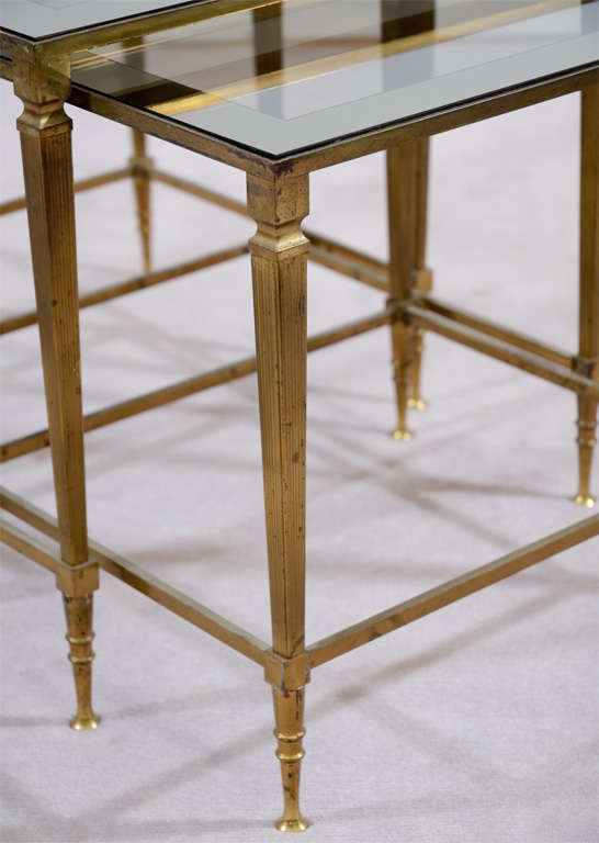 French Mid Century Brass and Glass Nesting Tables Att to Maison Jansen