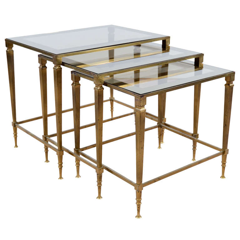 Mid Century Brass and Glass Nesting Tables Att to Maison Jansen