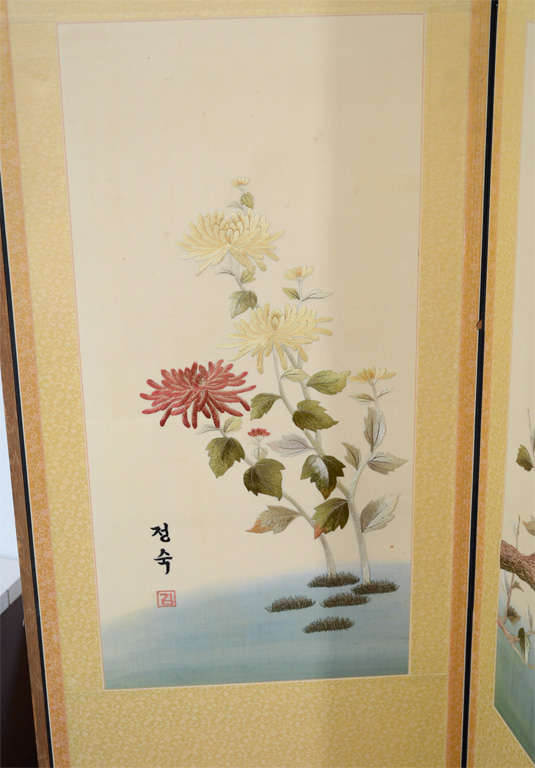 Korean Art Deco Period Six Panel Embroidered Screen For Sale 1