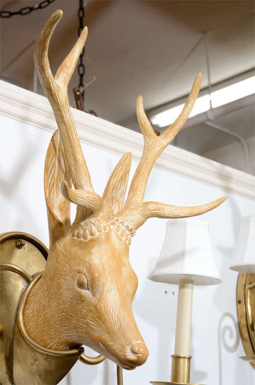 Brass Fantastic Surrealist Pair of Deer Head Sconces in the manner of Lalanne For Sale