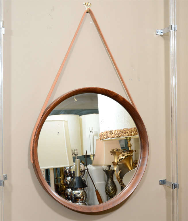 Mid Century Danish Modern Teak Wall, Leather Strap Hanging Mirror