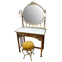 Vintage Art Nouveau Vanity with Attached Sconces and Matching Stool
