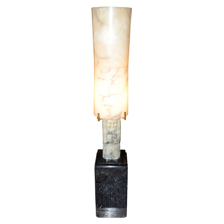 Mid-Century Italian Alabaster and Marble Floor Lamp with "Sungod" Motif For Sale