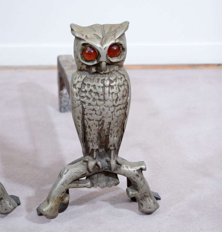 1930's Cast Iron Owl Form Andirons with Amber Glass Eyes at 1stDibs