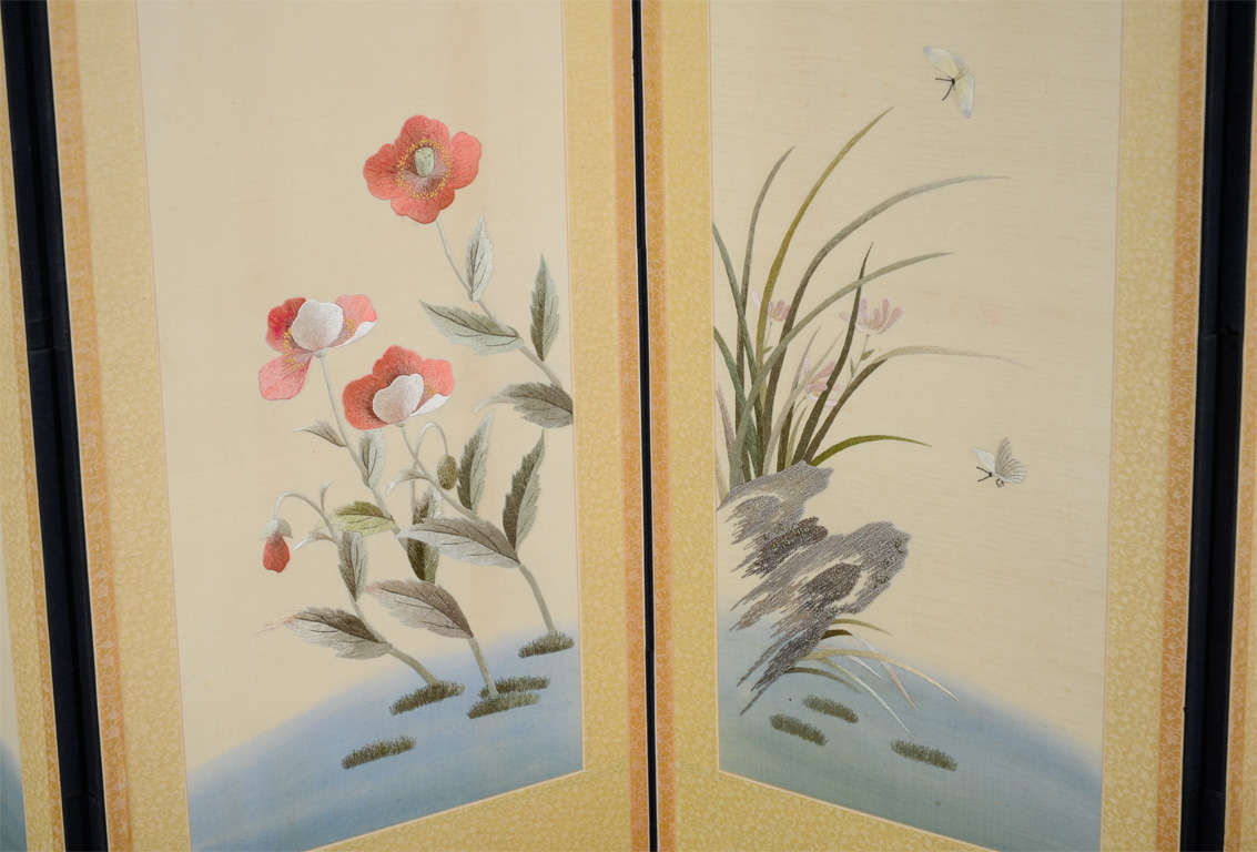 Korean Art Deco Period Six Panel Embroidered Screen For Sale at 1stDibs