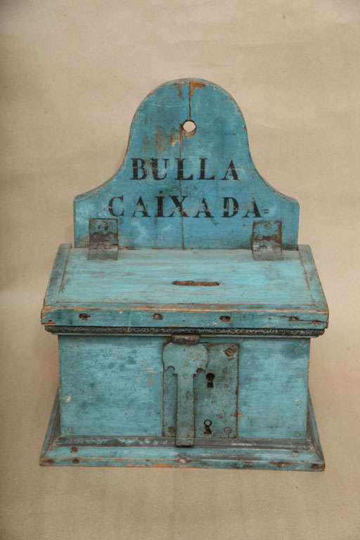 18th C Catalan wall-hanging money box having original powdery blue paint with original lock plate.