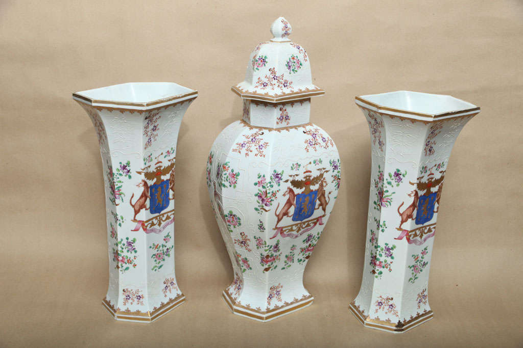 Chinese Three Piece Samson Armorial Garniture