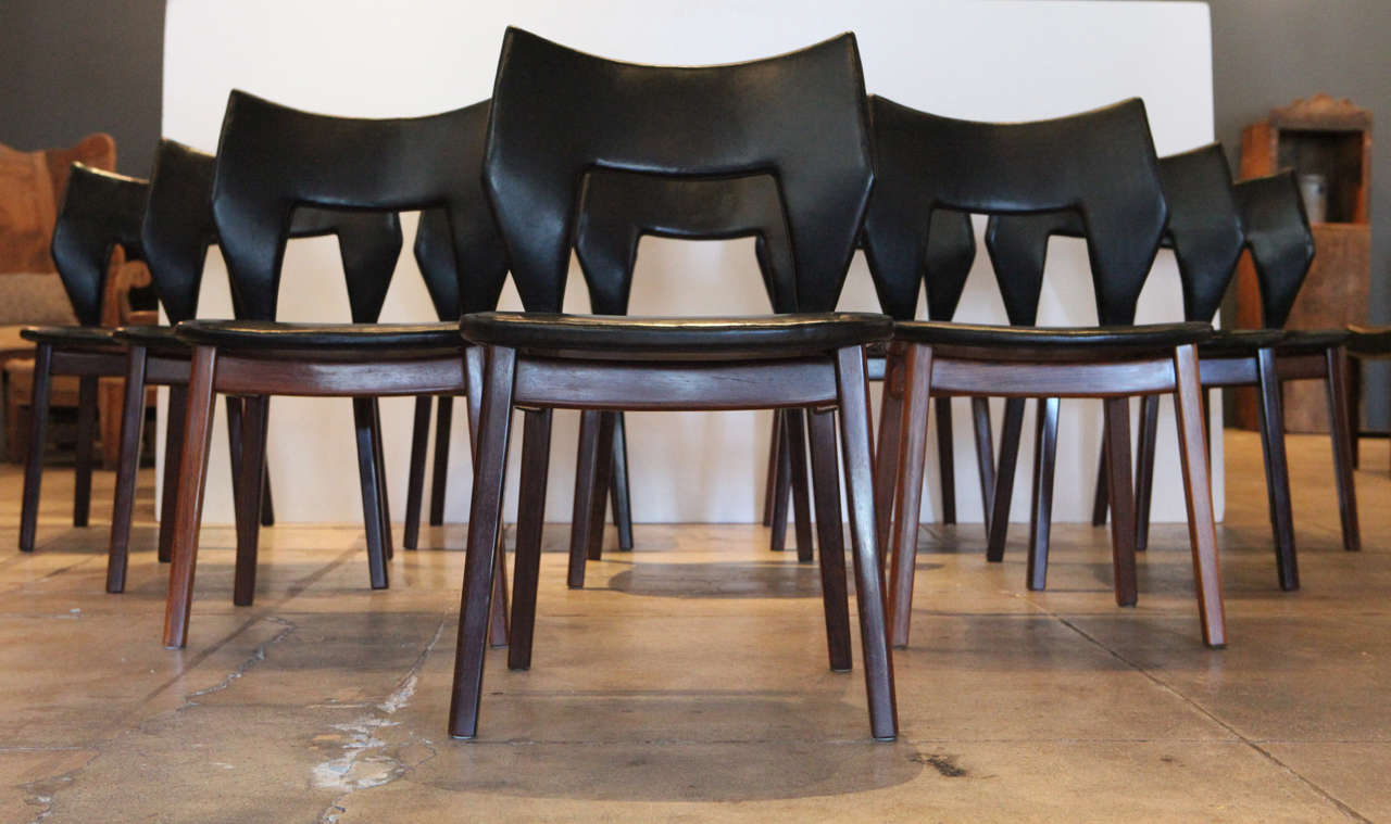 from an estate near santa barbara and a collection they pieced together from scandinavia , a set of ten tove & edvard kindt-larsen dining chairs. original rosewood frames & lightly patinated leather. the rosewood were custom through the manufacturer