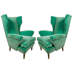 Vintage Comfortable Pair of Green Armchairs with Rubelli Velvet Upholstery, Italy, 1960