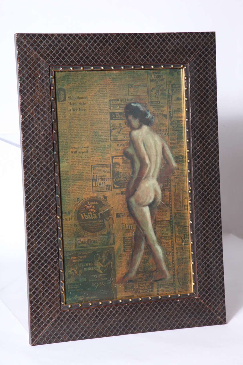 A gracefully subtle, female nude figure painted over a vintage print of 