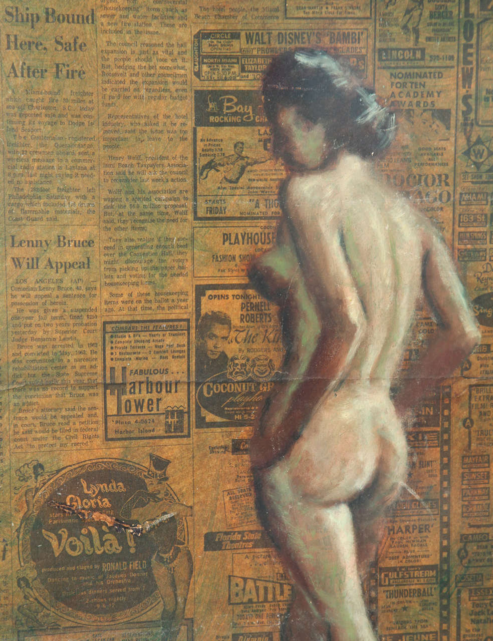 Nude Oil Painting on Vintage Print of 